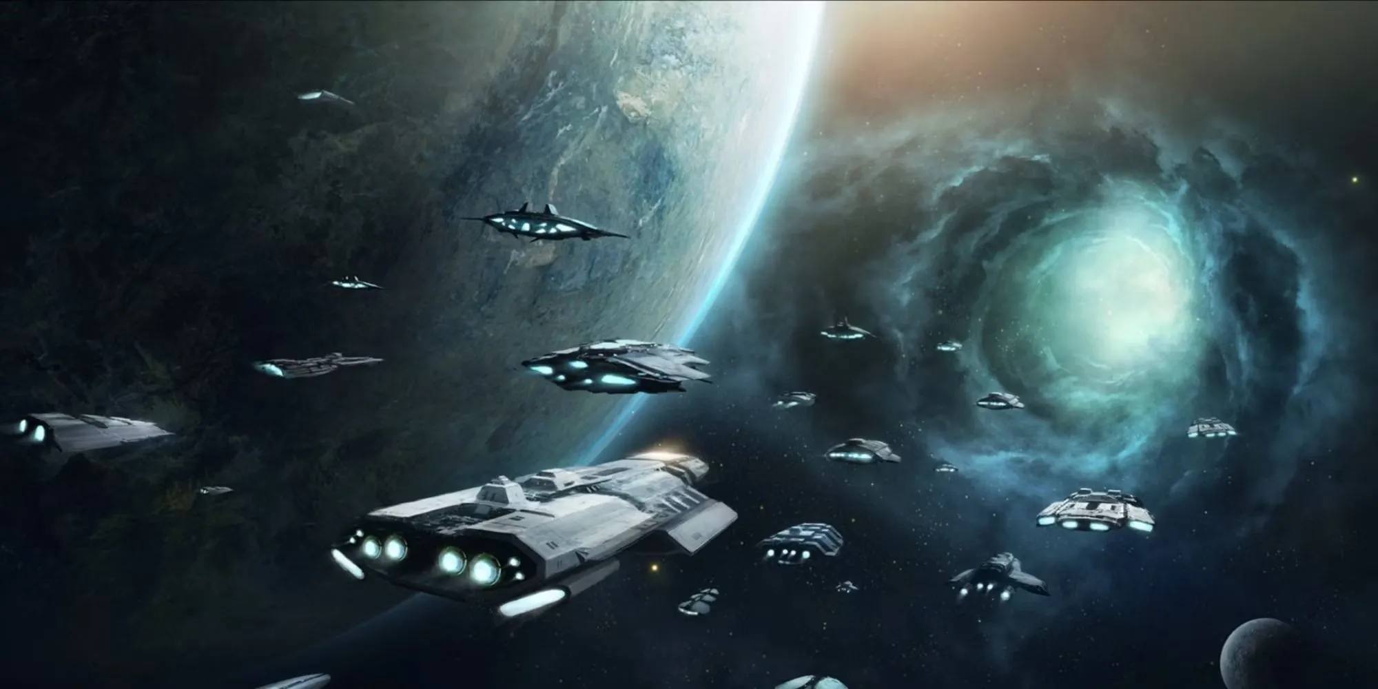 Màn hình loading lỗ giun trong Stellaris, biểu tượng khám phá vũ trụ