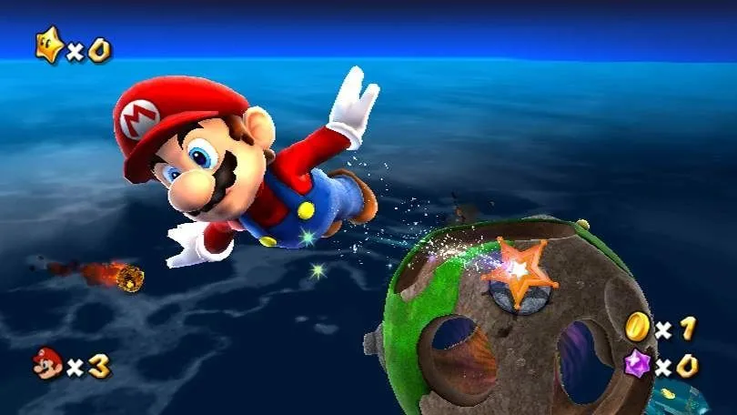 Mario trong Super Mario Galaxy trên nền không gian thiên hà, bản chuyển port cho Nintendo Switch