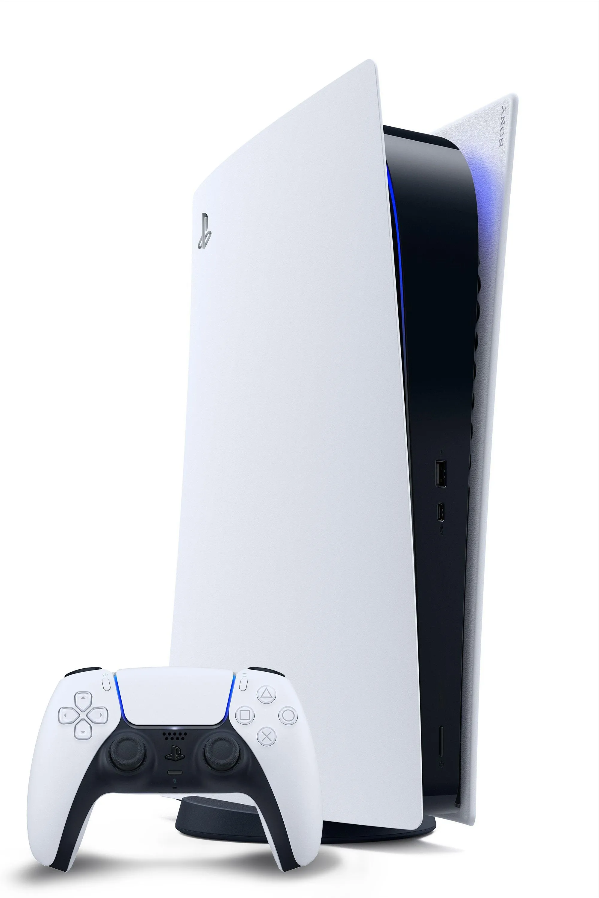 Máy PS5 màu trắng và tay cầm DualSense — hình ảnh hệ thống PlayStation 5