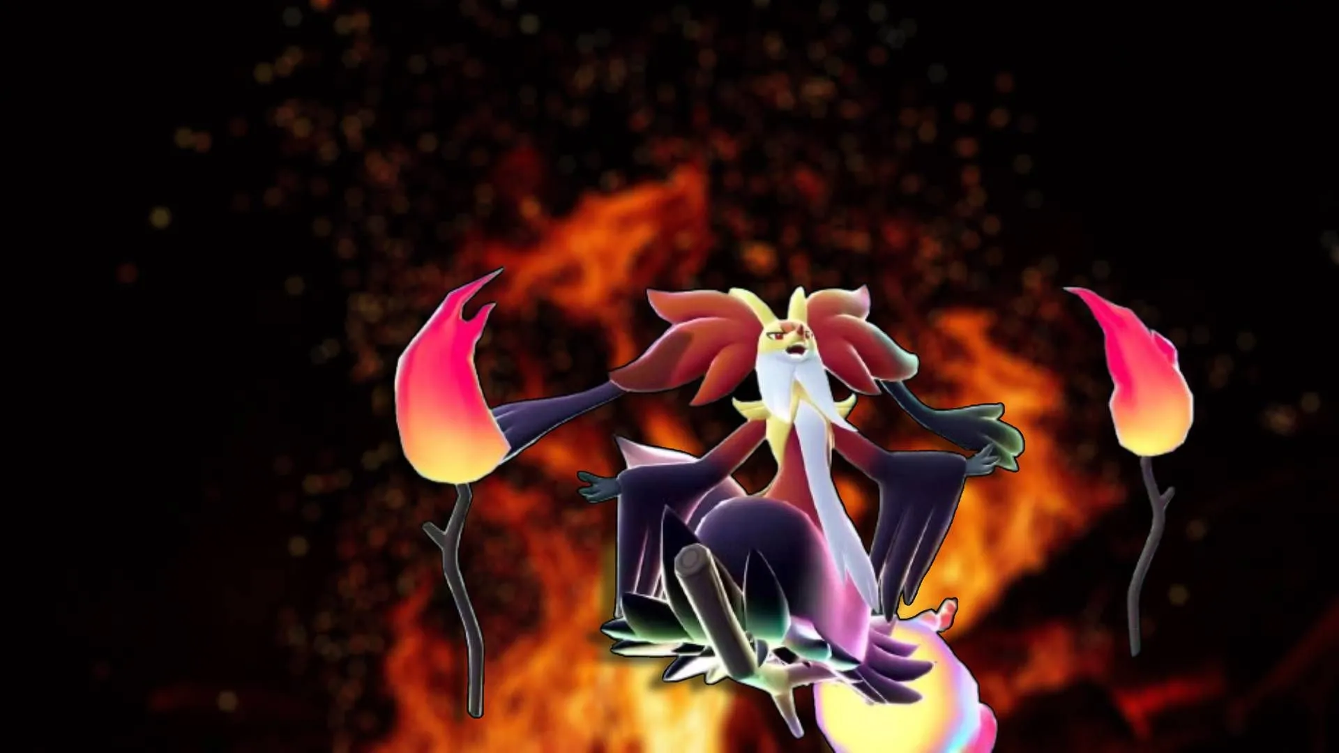 Mega Delphox trong Pokémon Legends: Z-A với trang phục phù thủy và aura lửa mạnh mẽ