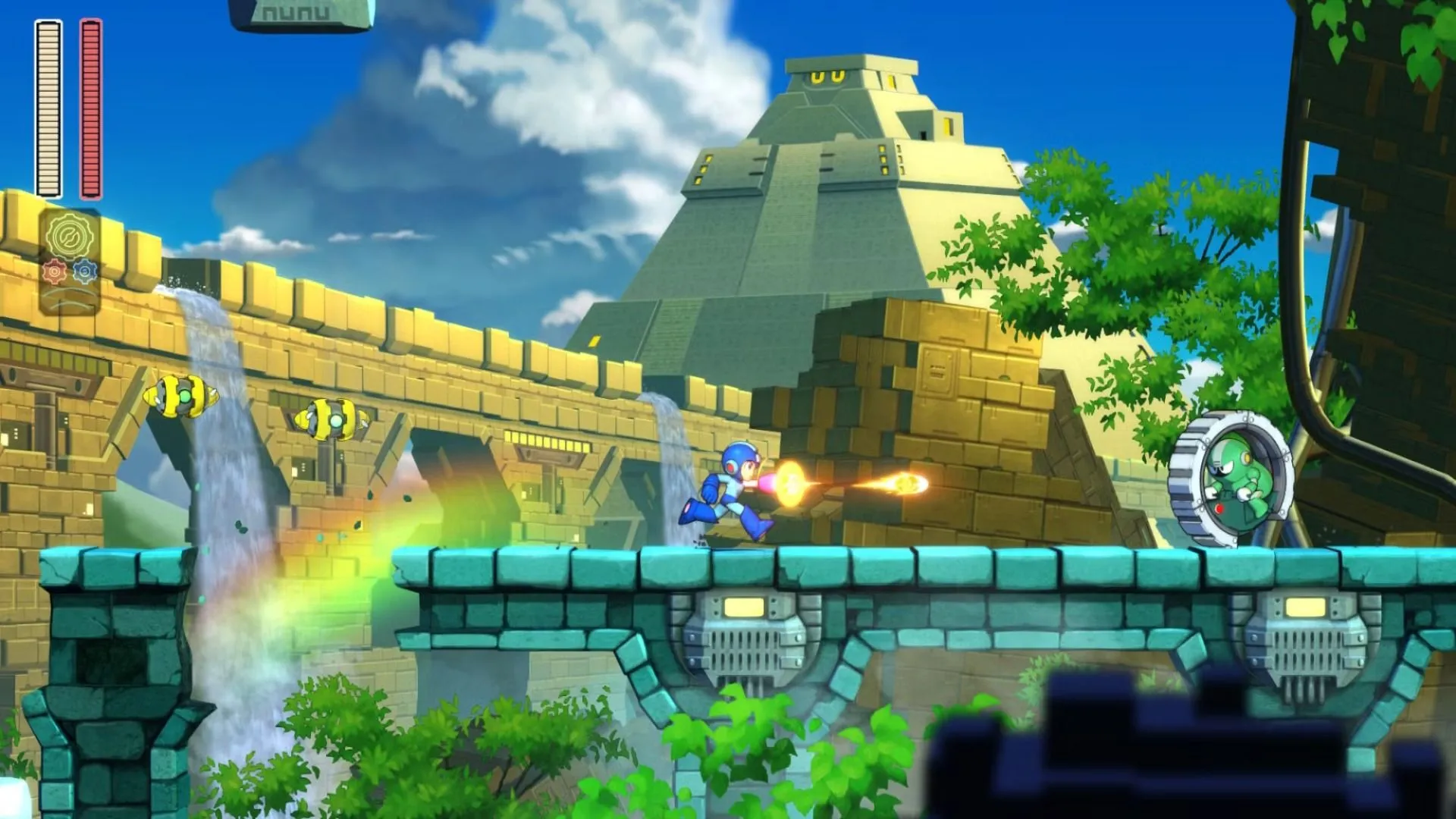 Mega Man 11 bắn kẻ thù trên nền platform, biểu tượng gameplay cổ điển
