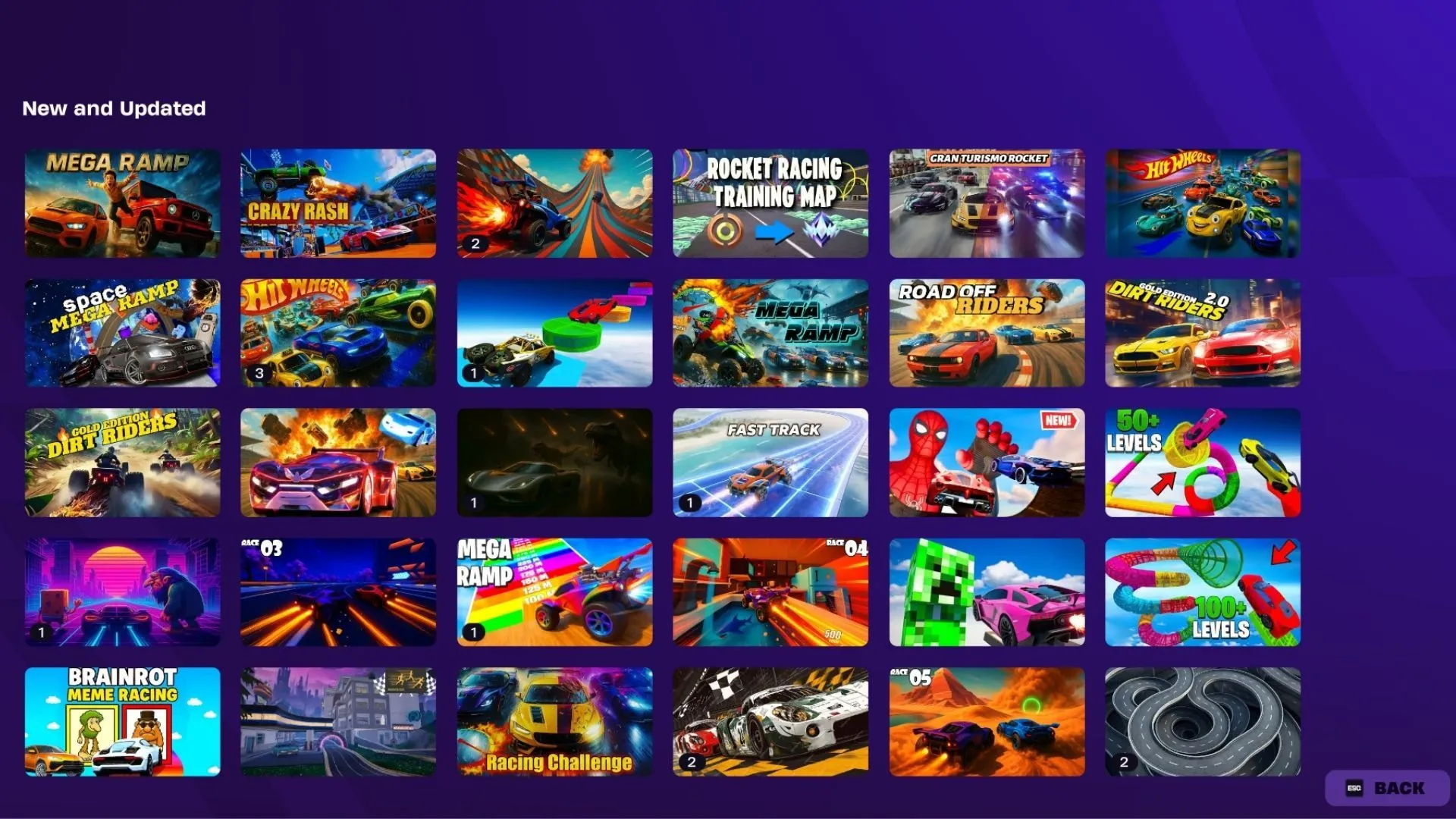 Menu Rocket Racing trong Fortnite - map đua tên lửa tùy chỉnh