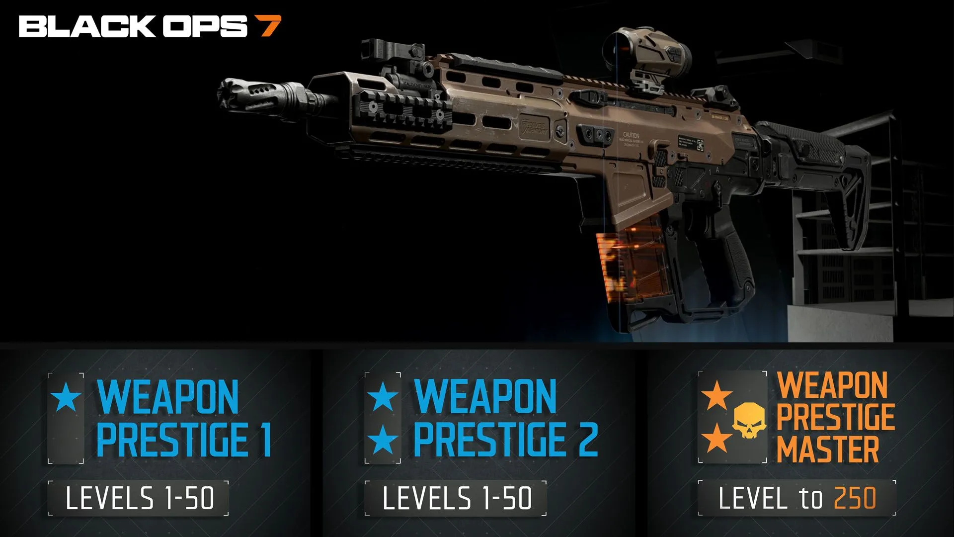Minh họa các cách mở khóa camos trong Black Ops 7, bao gồm Weapon Prestige, Mastery và Seasonal Events