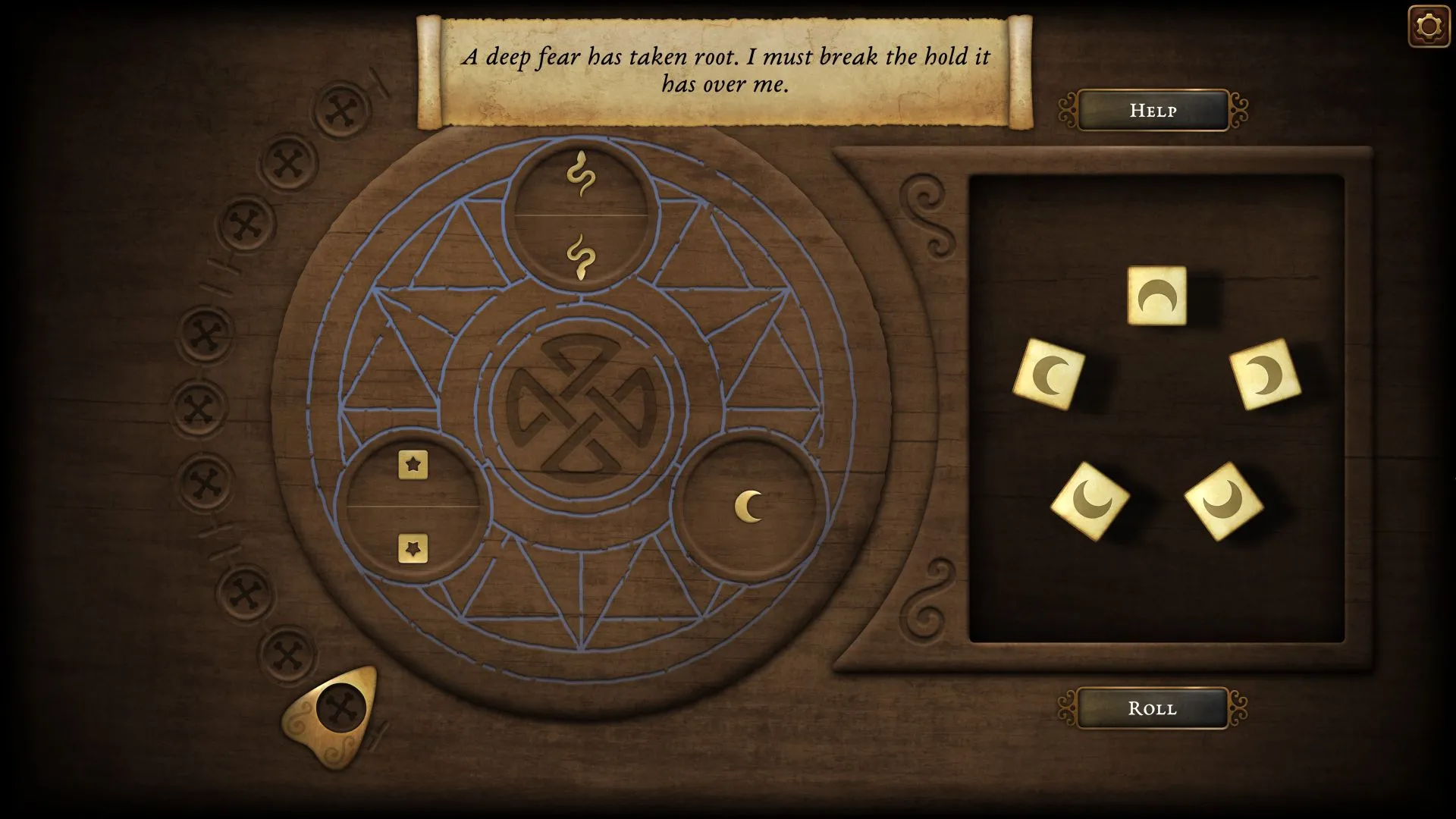 Minigame xúc xắc trong Strange Antiquities — ví dụ hệ thống phạt khi fear tăng cao