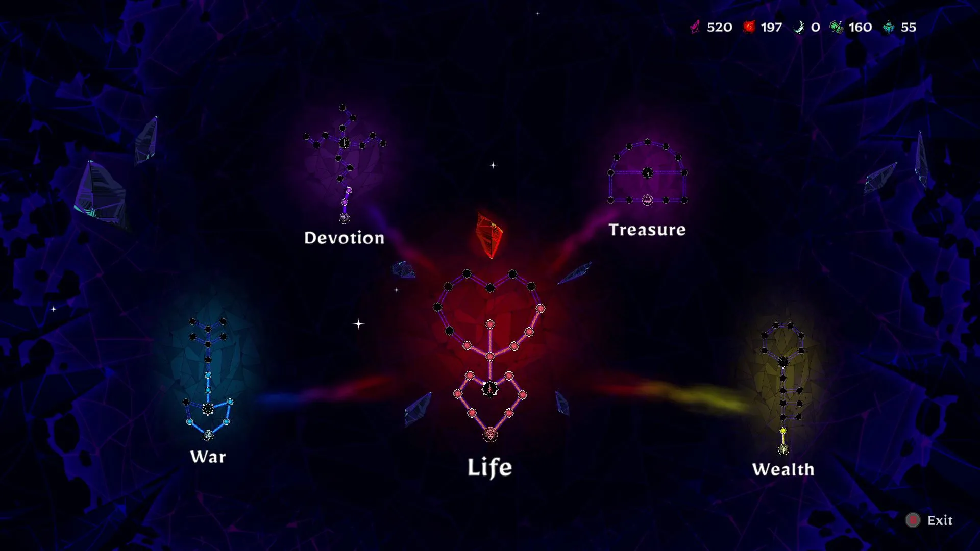 Minimap meta-progression và cơ chế flip trong Sworn - minh họa lựa chọn nâng cấp cho vũ khí và passives