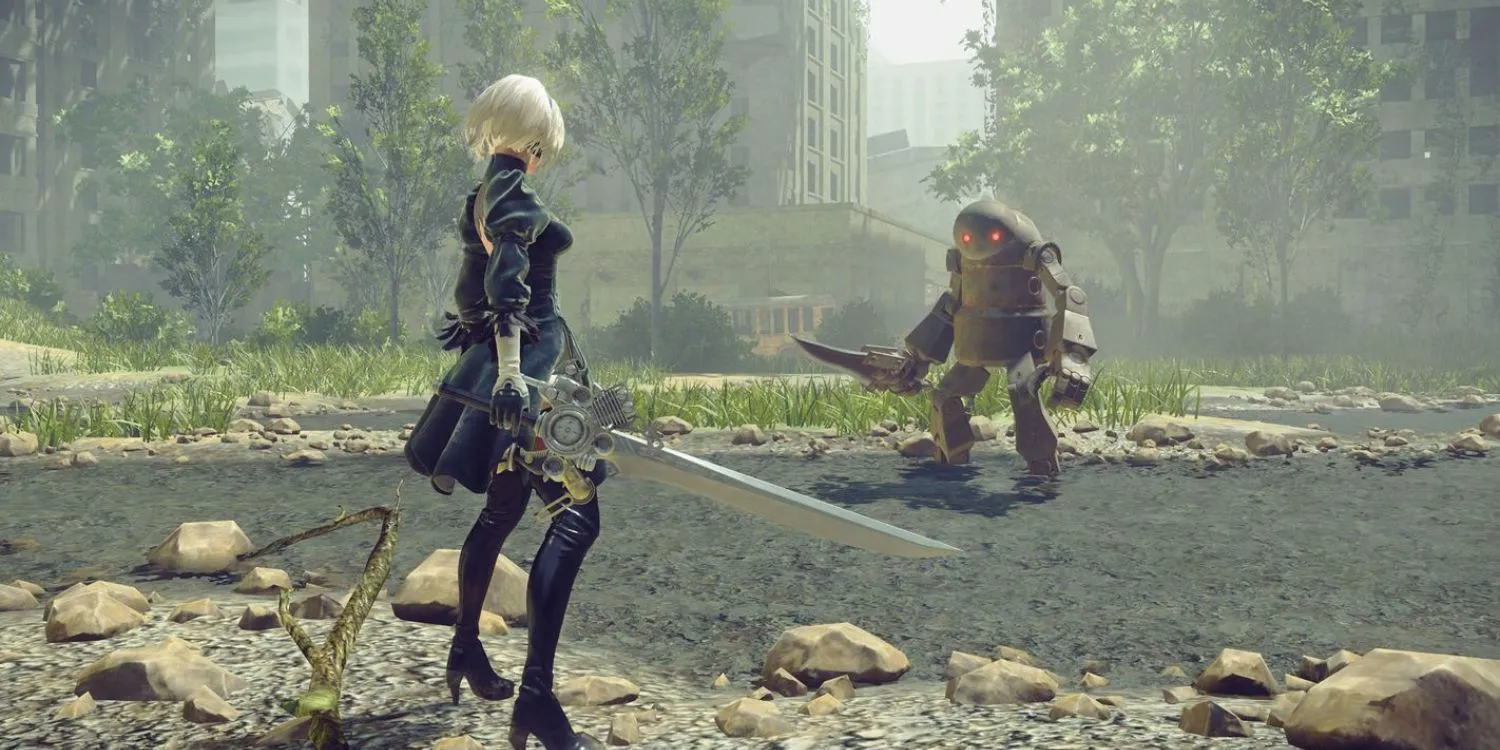 Một cảnh nghệ thuật của NieR: Automata với nhân vật chính trong phong cách hậu-tận thế
