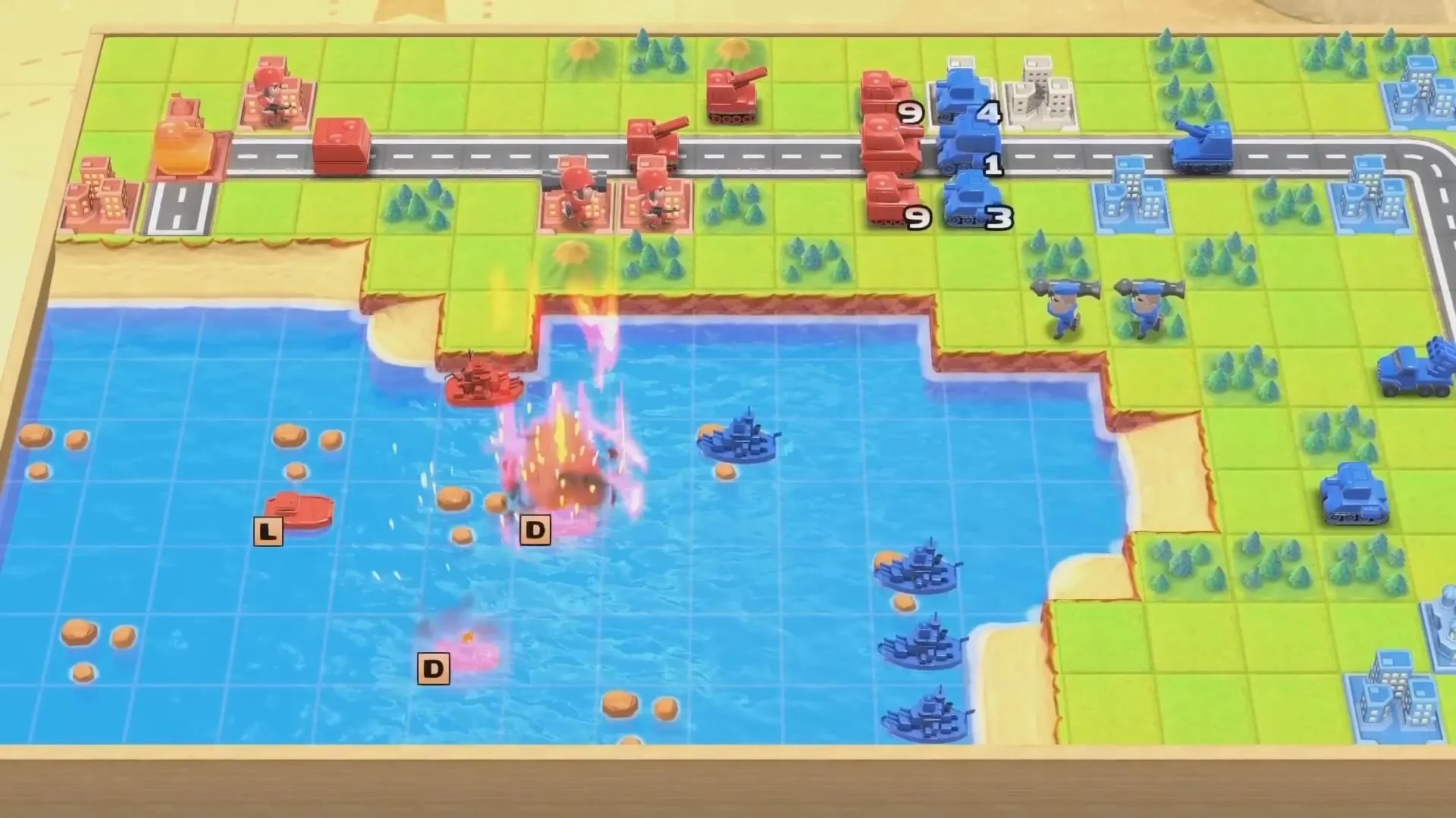 Một trận đánh quy mô lớn trong Advance Wars 1+2: Re-Boot Camp, thể hiện quy mô chiến thuật và đồ họa 3D mới