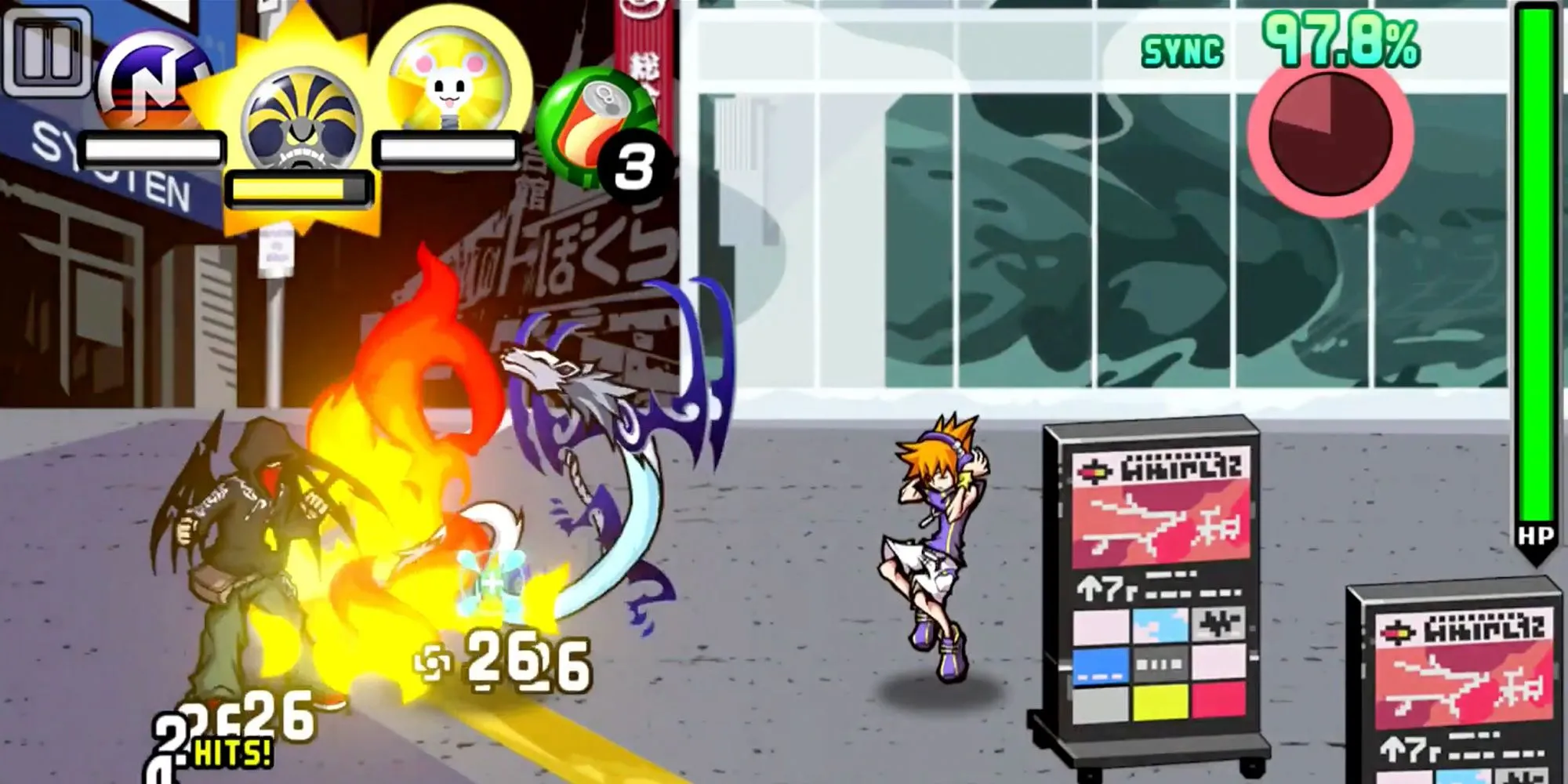 Neku Sakuraba chiến đấu chống Noise trong The World Ends With You trên DS