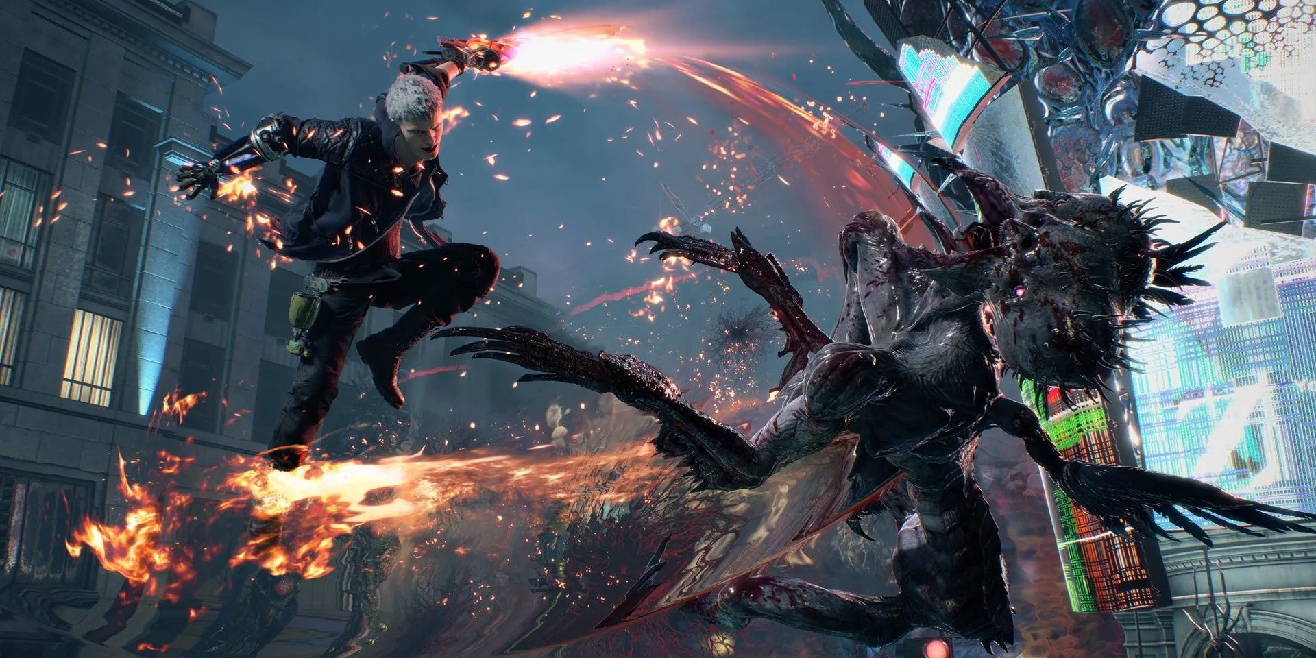 Nero trong Devil May Cry 5 thể hiện pha cắt tỉa kịch tính, biểu tượng cho combat phức tạp và đẹp mắt của series