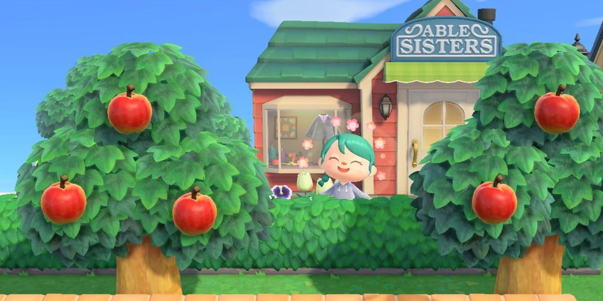 Người chơi Animal Crossing dạo gần cửa hàng Able Sisters, không khí ấm áp và sáng tạo