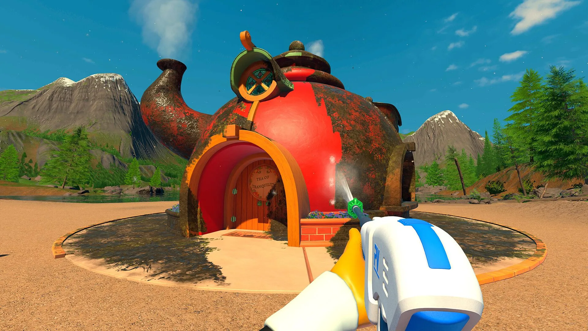 Người chơi đang làm sạch một ngôi nhà ấm cúng bằng máy xịt nước trong PowerWash Simulator 2
