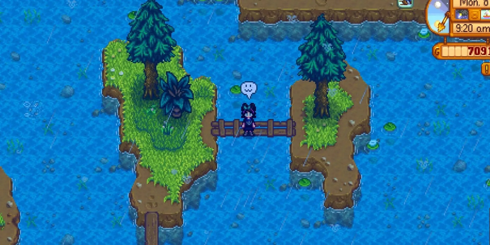 Người chơi dùng biểu tượng mặt cười trên hồ trong Stardew Valley, minh họa không khí thư giãn của trò chơi.