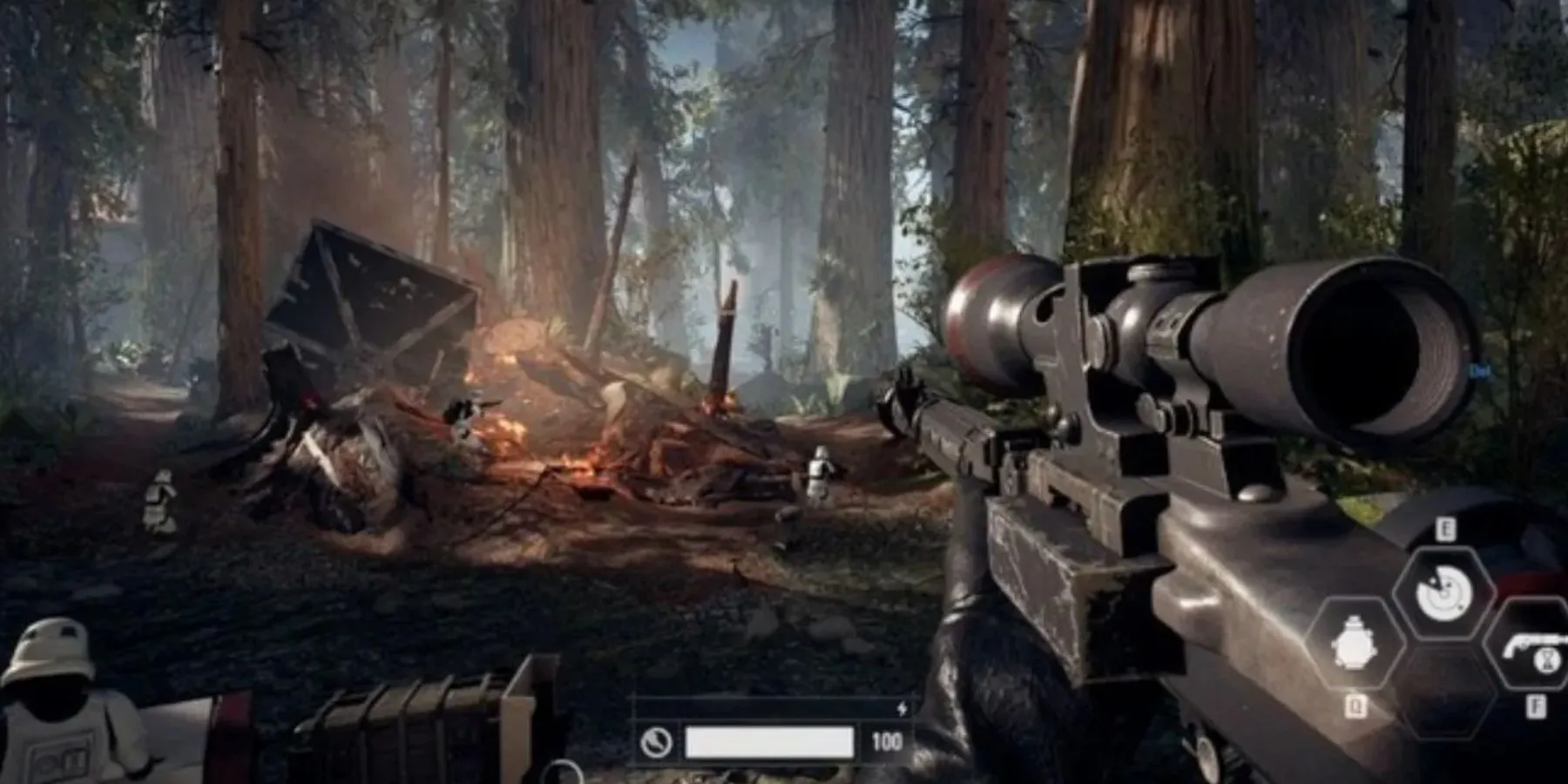 Người chơi quan sát binh lính dưới góc nhìn cận cảnh trong Star Wars Battlefront II, thể hiện chi tiết vũ khí và môi trường
