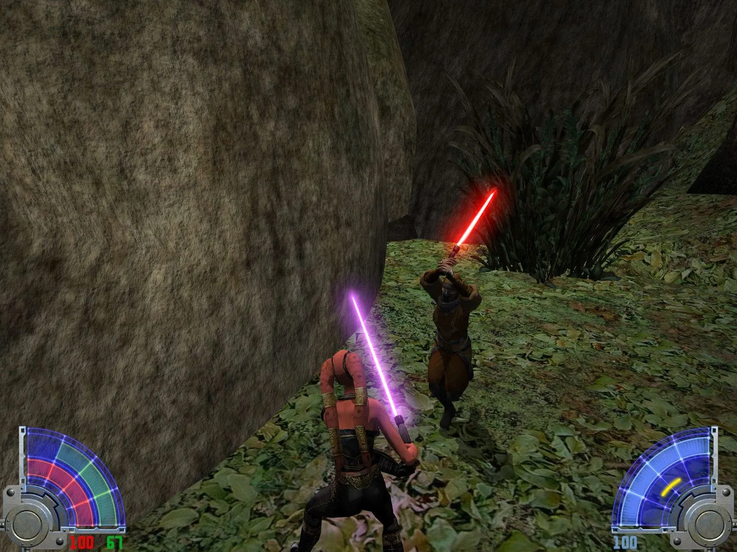 Người chơi sử dụng lightsaber trong góc nhìn third-person để tận dụng tầm nhìn và động tác chiến đấu của Jedi Academy