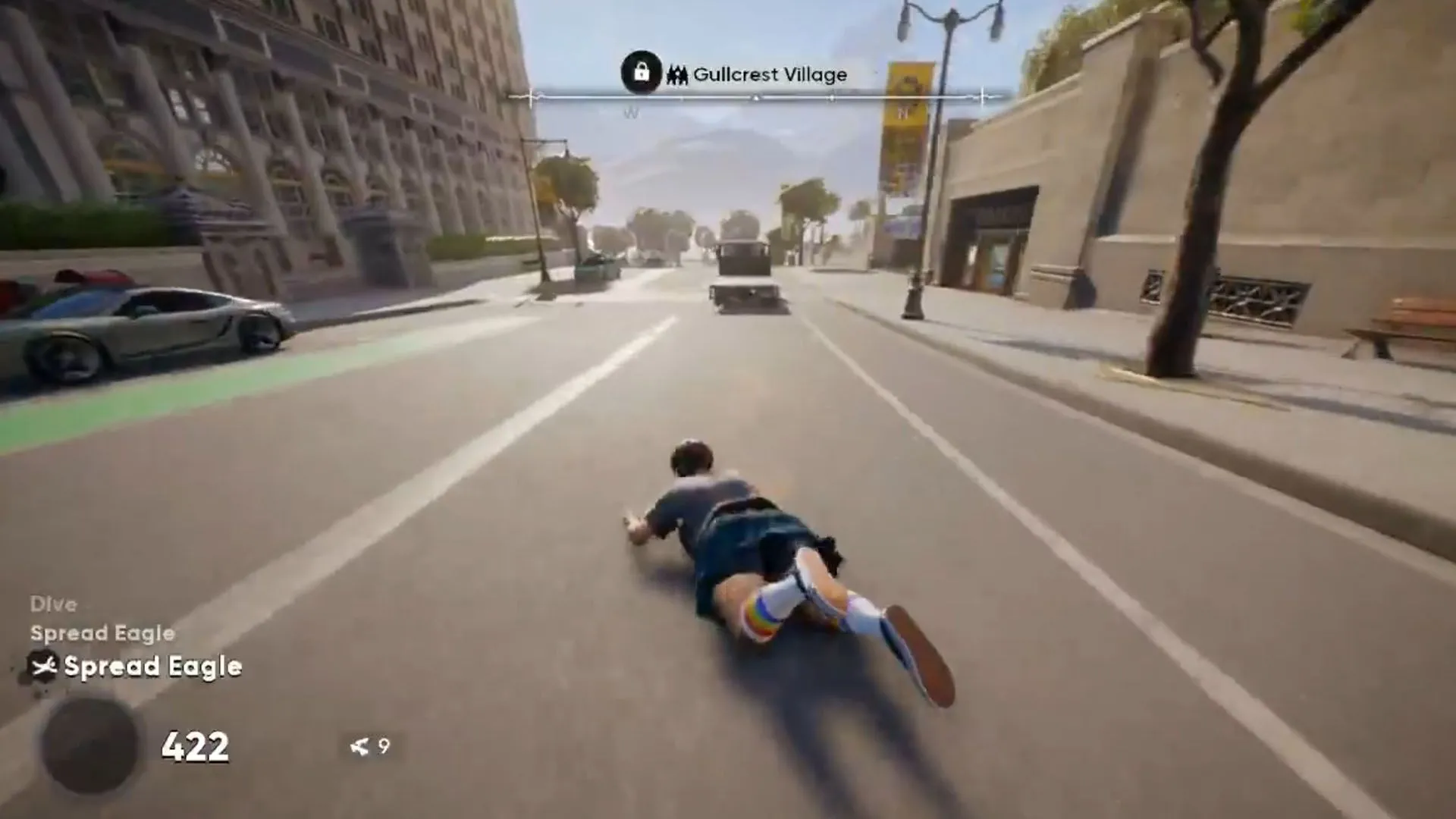 Người chơi thực hiện chuỗi lăn, bật và trượt trên bụng trong skate., thể hiện hiệu ứng di chuyển emergent