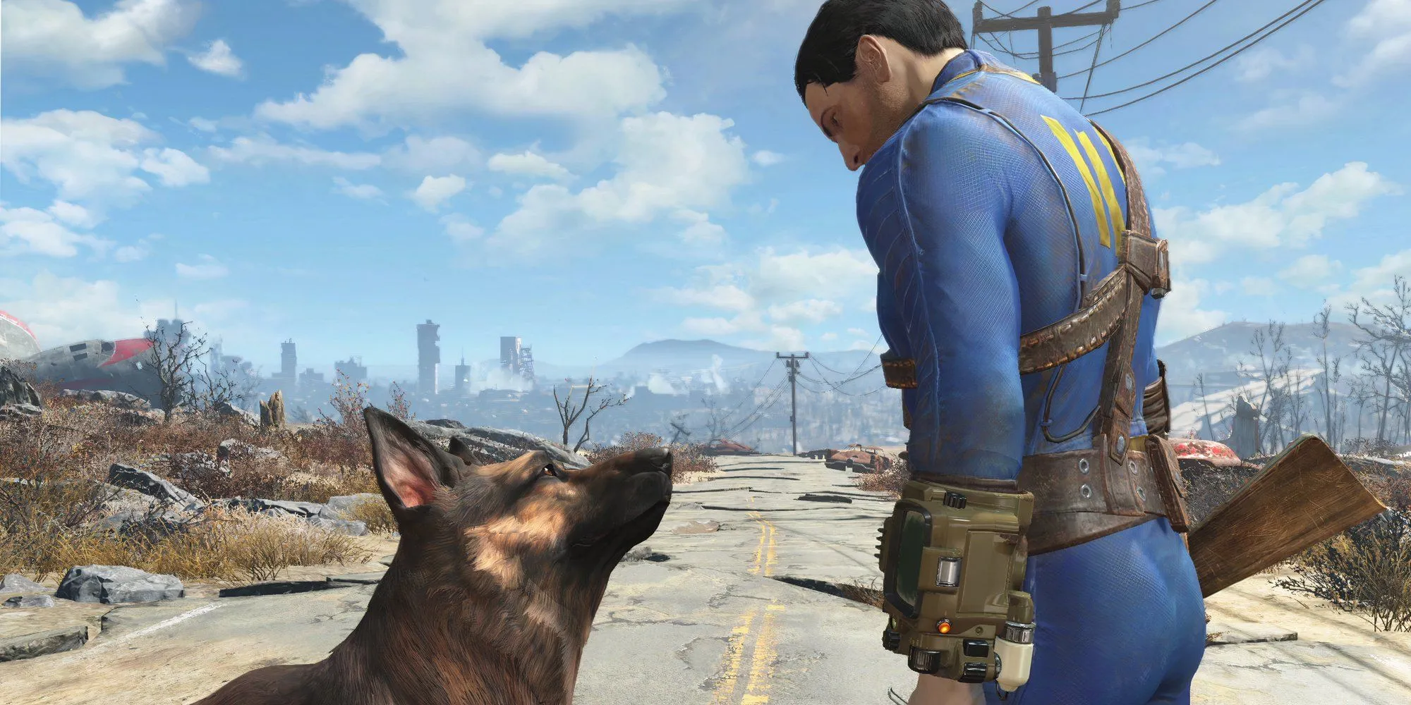 Người sống sót tương tác với Dogmeat bên ngoài vùng hoang tàn trong Fallout 4
