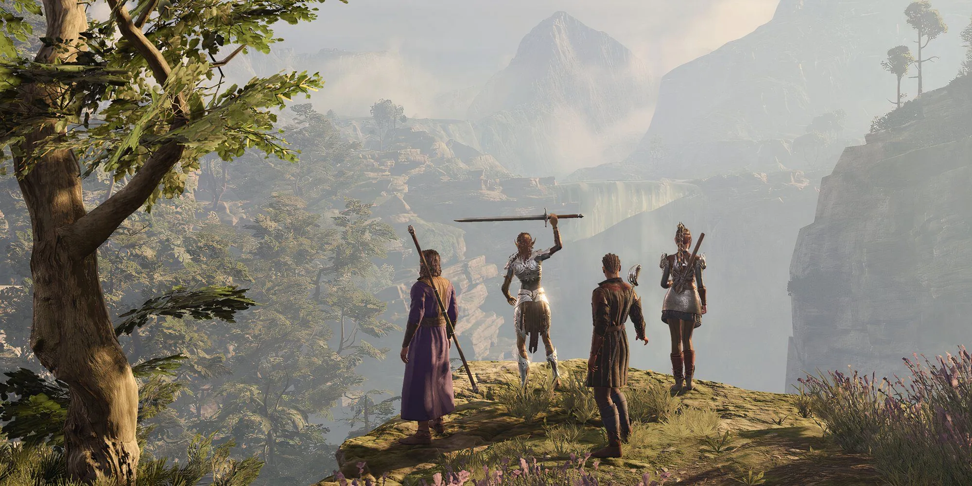 Nhân vật chính Baldur's Gate 3 và đồng hành trên đỉnh đồi — đồ họa chân thực, biểu cảm khuôn mặt nổi bật