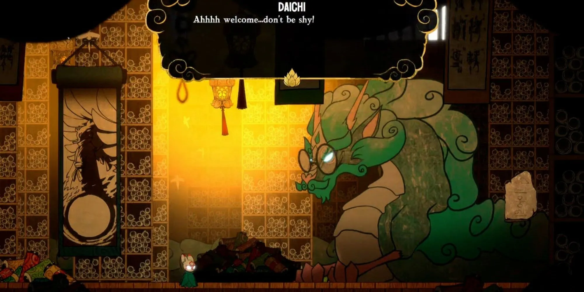 Nhân vật Daichi đối thoại trong Bō: Path of the Teal Lotus — Metroidvania lấy cảm hứng từ thần thoại Nhật Bản