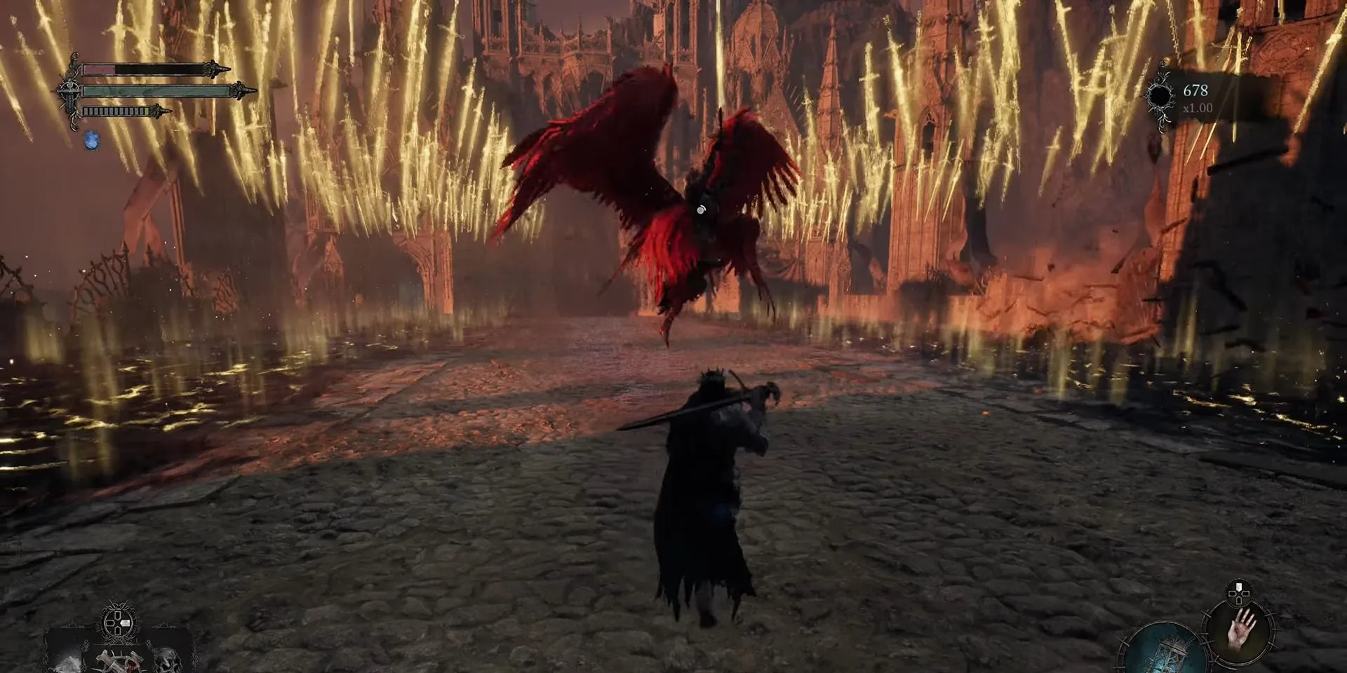 Nhân vật đánh nhau với Peita trong Lords of the Fallen, thể hiện kẻ địch thiết kế tỉ mỉ giữa hai cõi