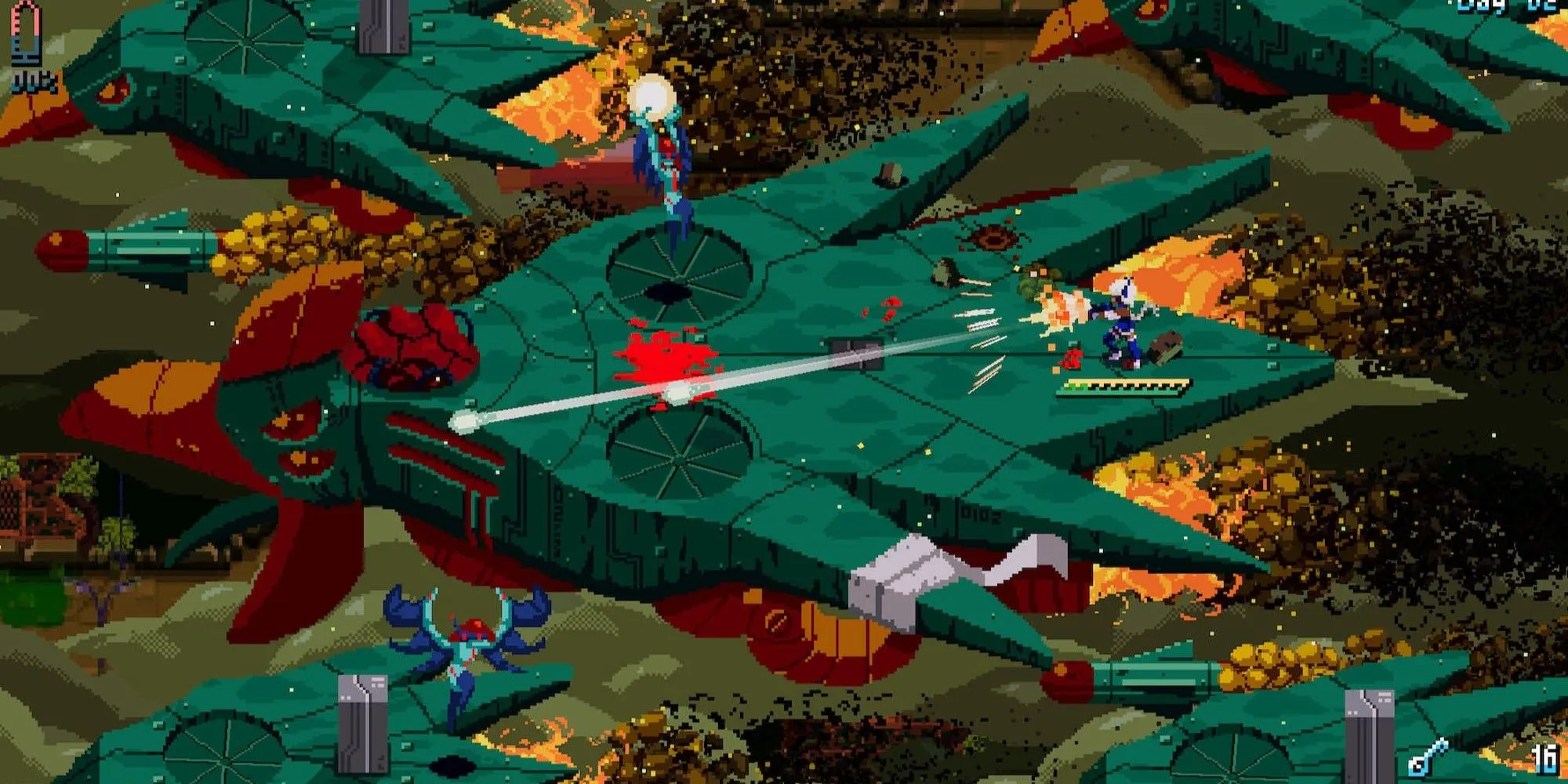 Nhân vật khai hỏa khi cưỡi chim robot trong UNSIGHTED — Metroidvania với cơ chế thời hạn sinh tồn