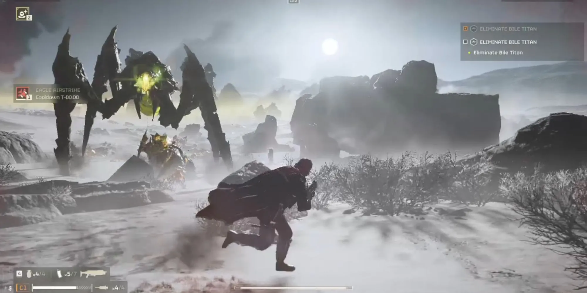 Nhân vật né đòn Titan trong Helldivers 2, cảnh hành động hỗn hợp bắn+né