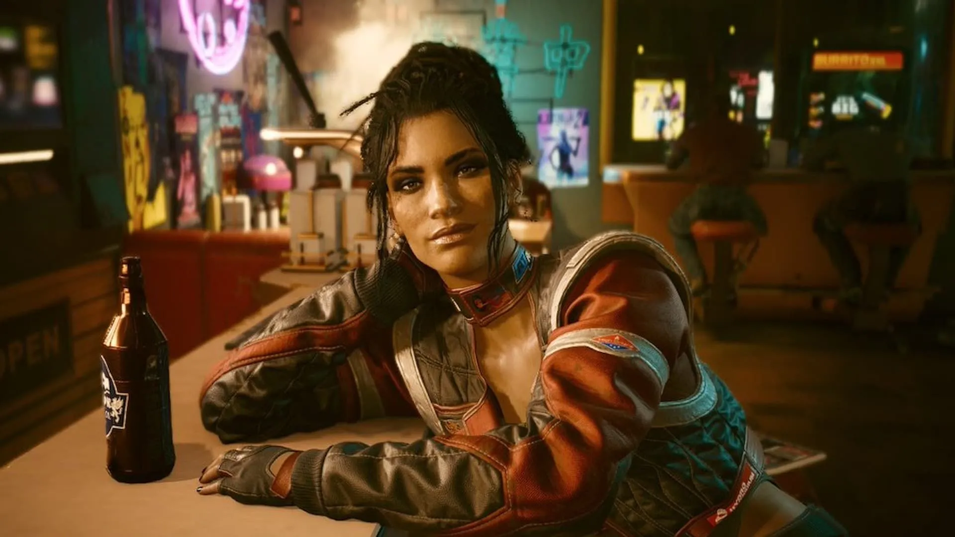 Nhân vật nữ trong quán bar của Cyberpunk 2077, phản ánh bối cảnh Night City và trải nghiệm lái AutoDrive