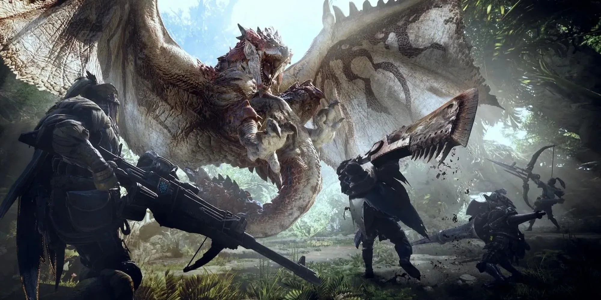 Nhóm săn tấn công quái khổng lồ trong Monster Hunter World, minh họa phối hợp combo nhóm