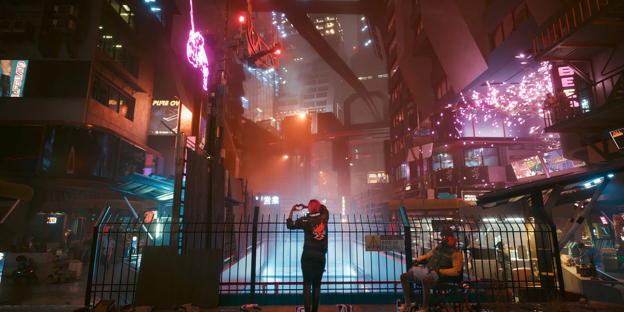 Night City về đêm với hai nhân vật ngoài trời trong Cyberpunk 2077