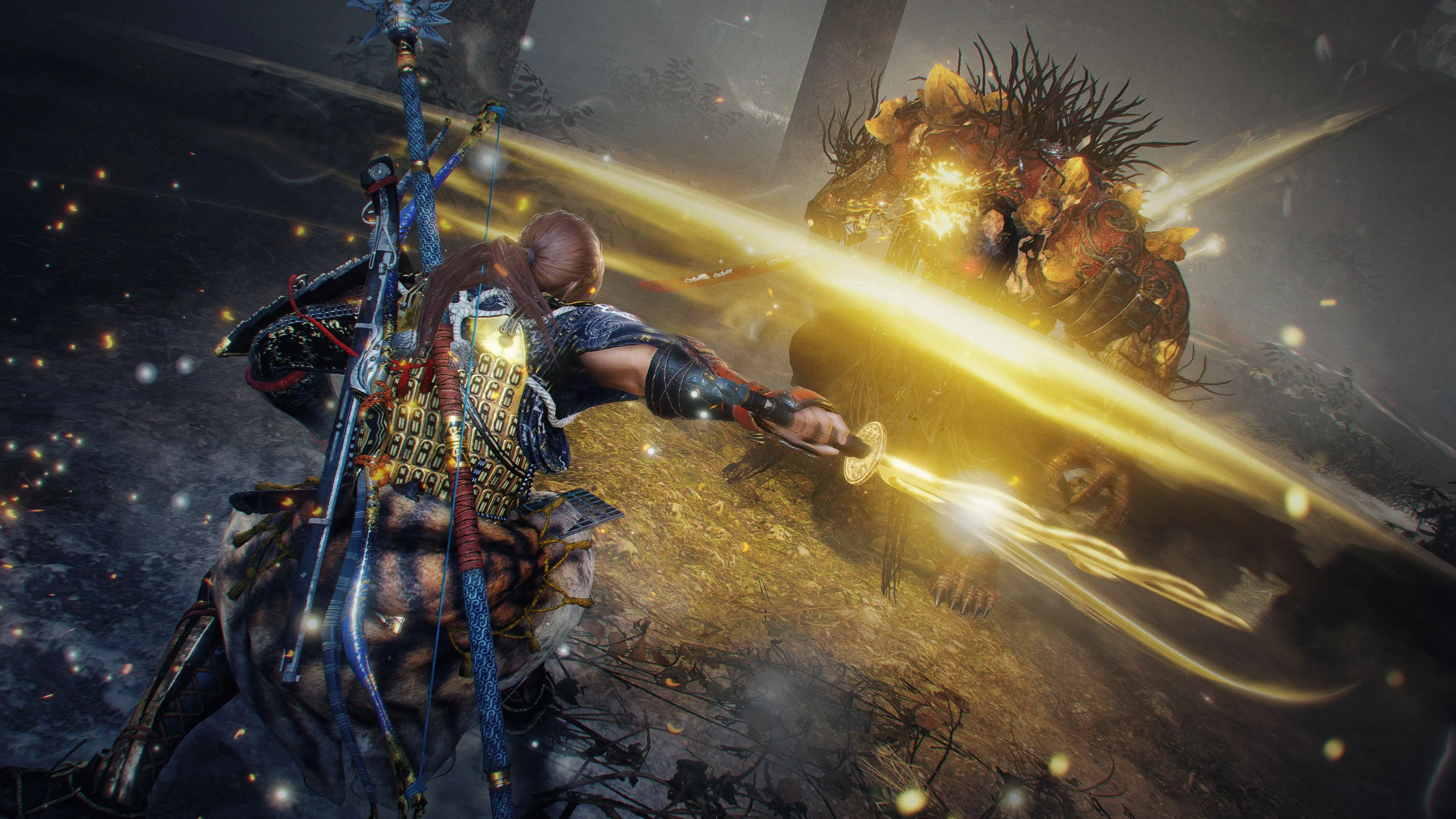 Nioh 2 hình nền trận chiến thể hiện hệ thống stance và yếu tố Nhật cổ huyền thoại
