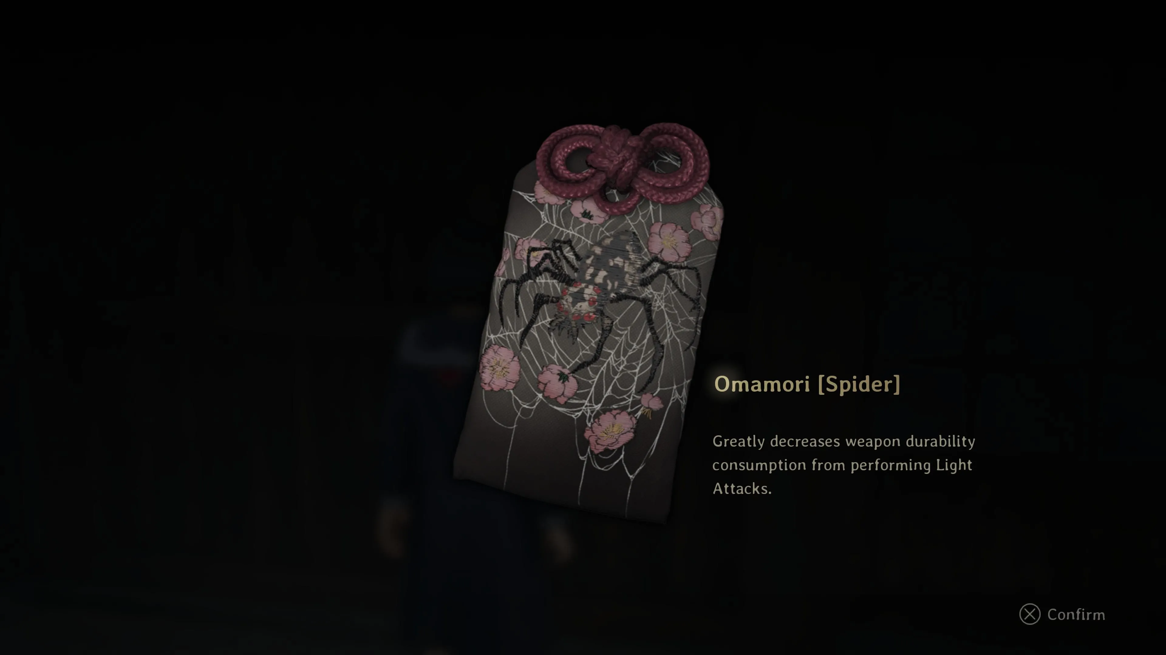 Omamori Spider — tiết kiệm độ bền vũ khí khi dùng light attacks trong Silent Hill f