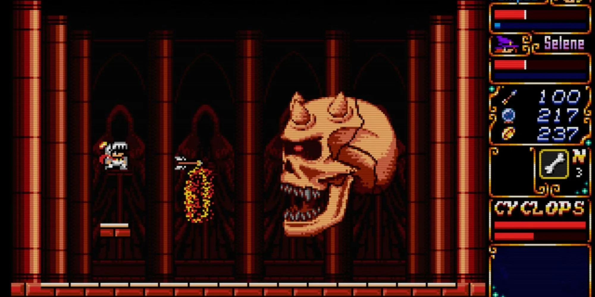 Pampas và Selene chiến đấu với đầu lâu nổi - phong cách 8-bit retro