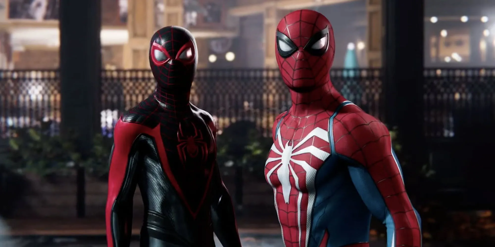 Peter và Miles đứng bên nhau trong trận chiến, minh họa xung đột tâm lý và hành động trong Marvel's Spider-Man 2