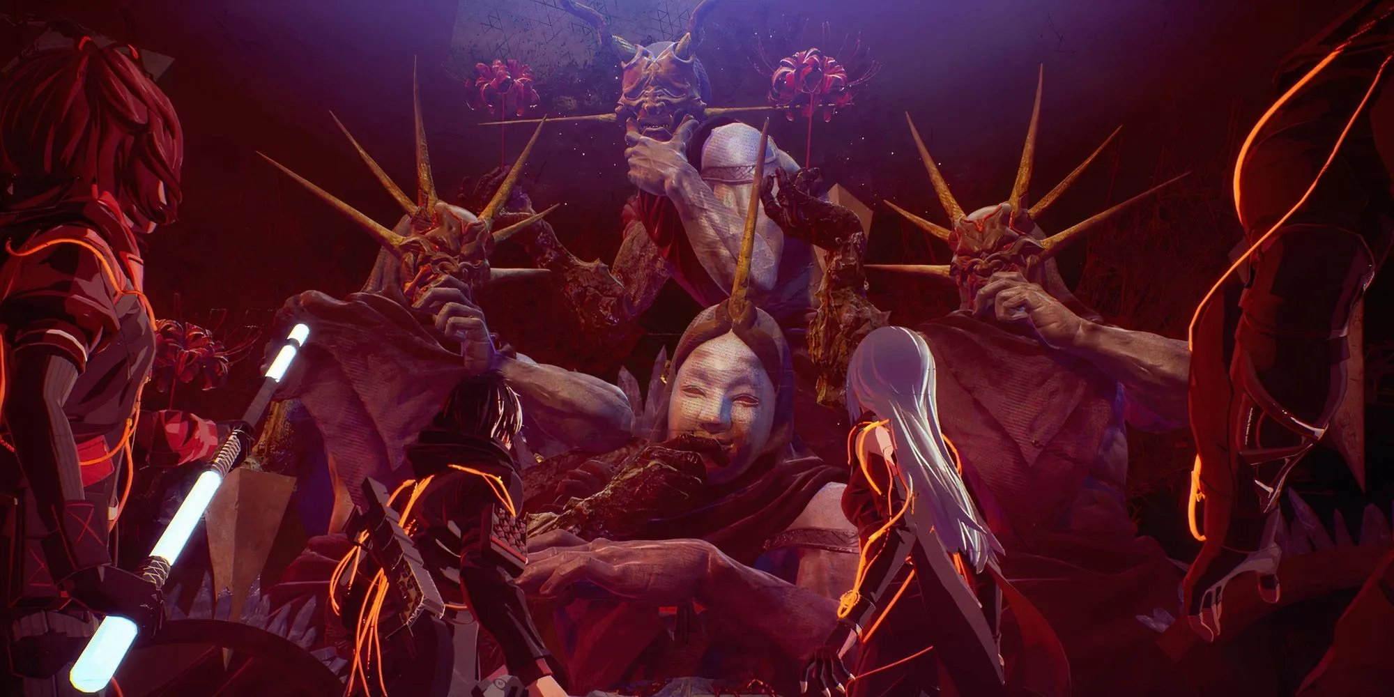 Pha đối đầu với sinh vật trong Scarlet Nexus, thể hiện khả năng psi và combo mê hoặc