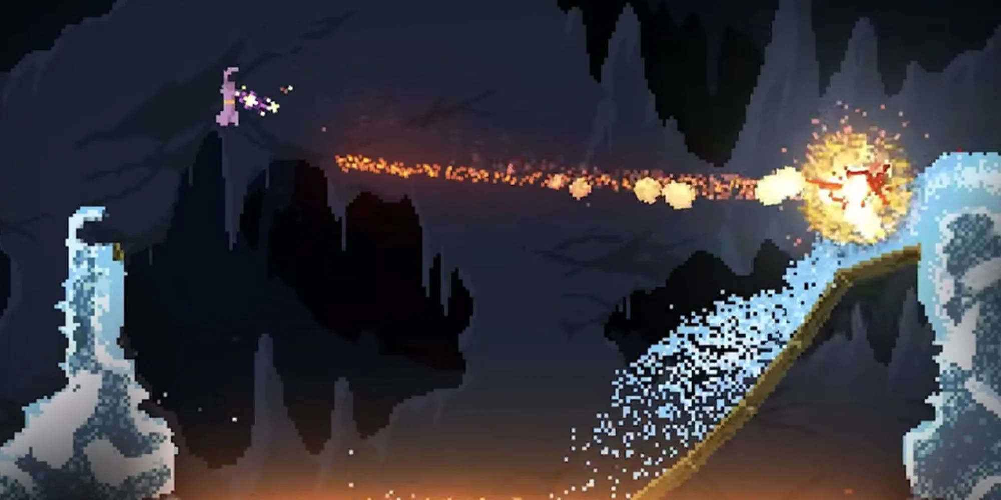 Phép thuật và hiệu ứng vật lý pixel trong Noita tạo nên những cột khói và cháy lan