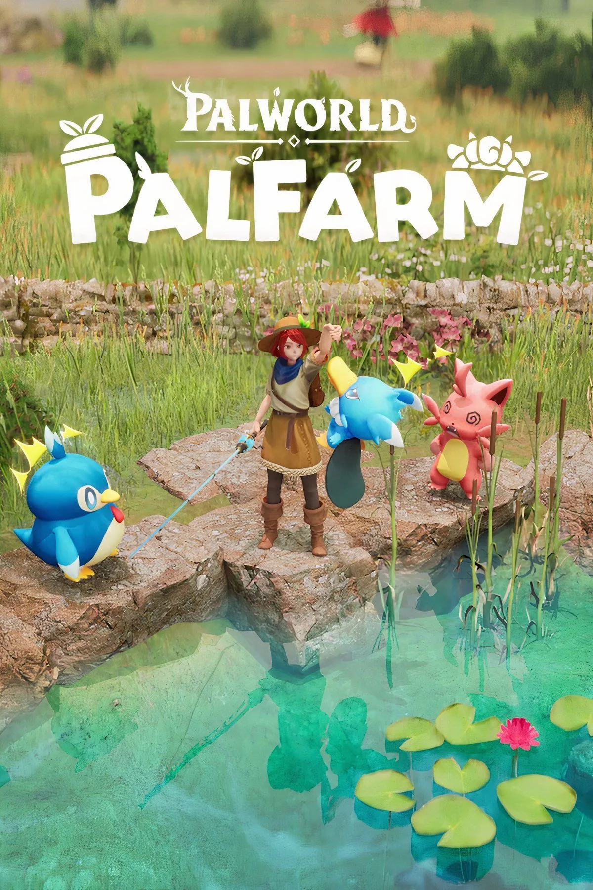 Poster artwork Palworld Palfarm với đảo và các Pal hỗ trợ nông trại