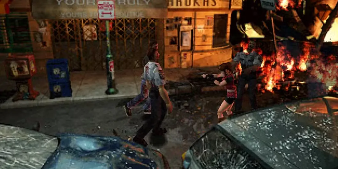 Poster Resident Evil 2 với biểu tượng zombie và khí hậu đô thị