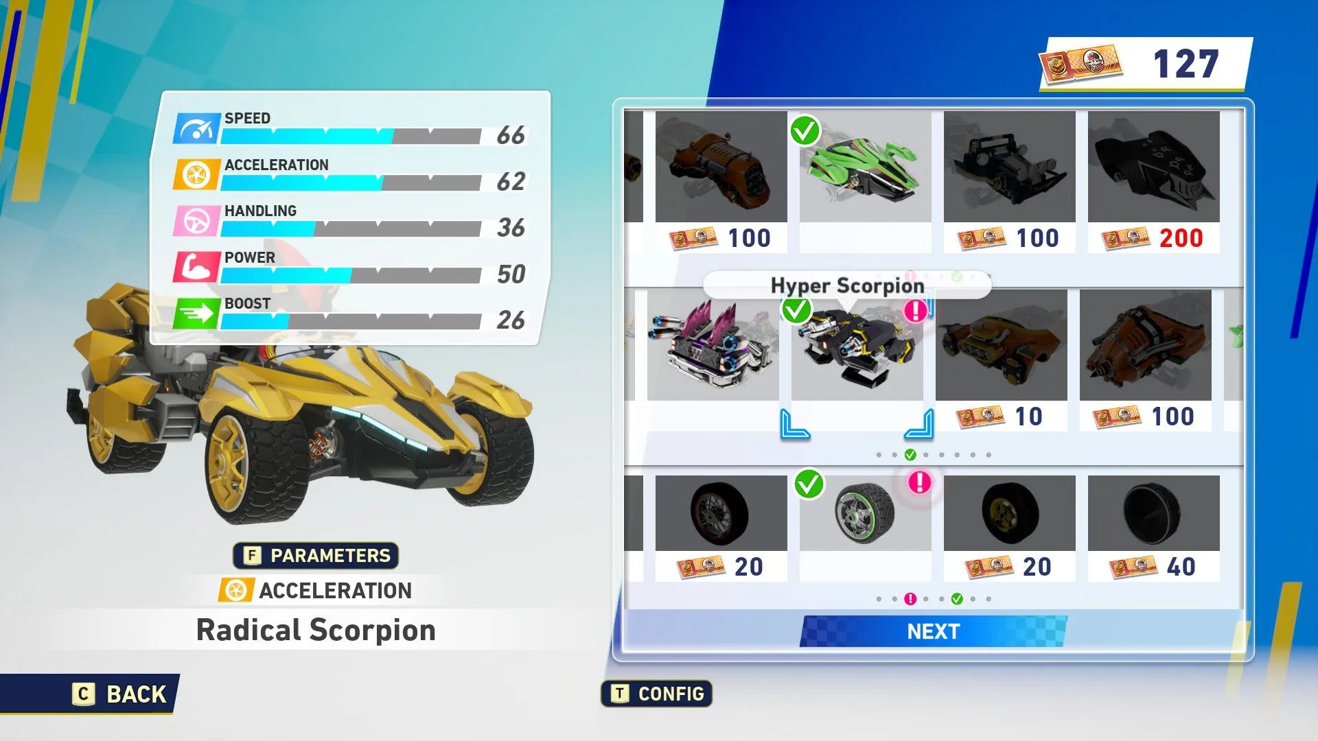 Radical Scorpion - tối ưu speed và acceleration, phù hợp chạy thẳng trên track trong Sonic Racing Crossworlds
