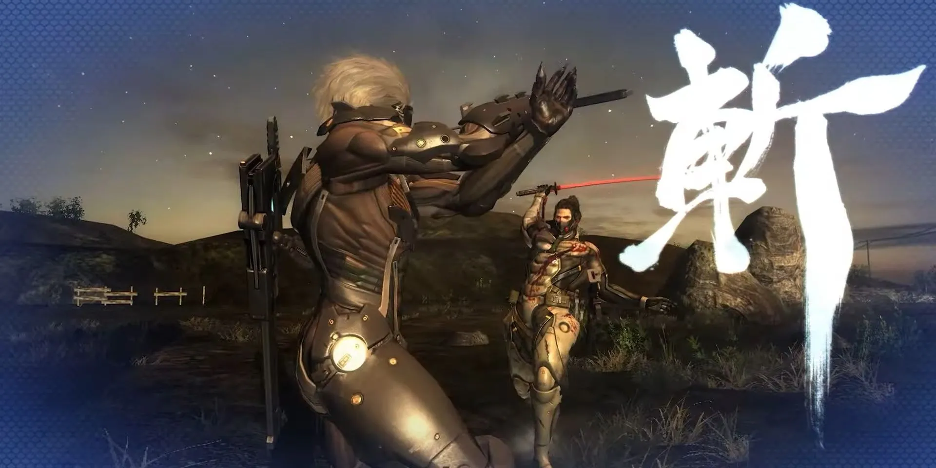 Raiden cận chiến trong Metal Gear Rising: Revengeance, mô tả pha chém đối thủ với phong cách cyber-samurai