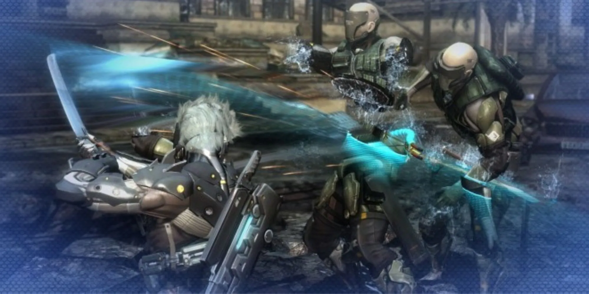 Raiden chém xuyên kẻ thù trong Metal Gear Rising, minh họa cơ chế slashing độc đáo