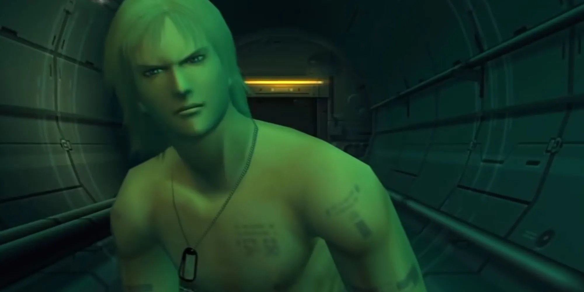Raiden trong Metal Gear Solid 2 với biểu cảm căng thẳng trong cảnh kết thúc