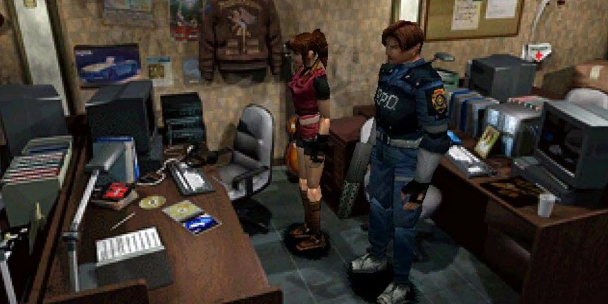 Resident Evil 2 - minh họa bối cảnh Raccoon City và nhân vật đối mặt với kinh dị