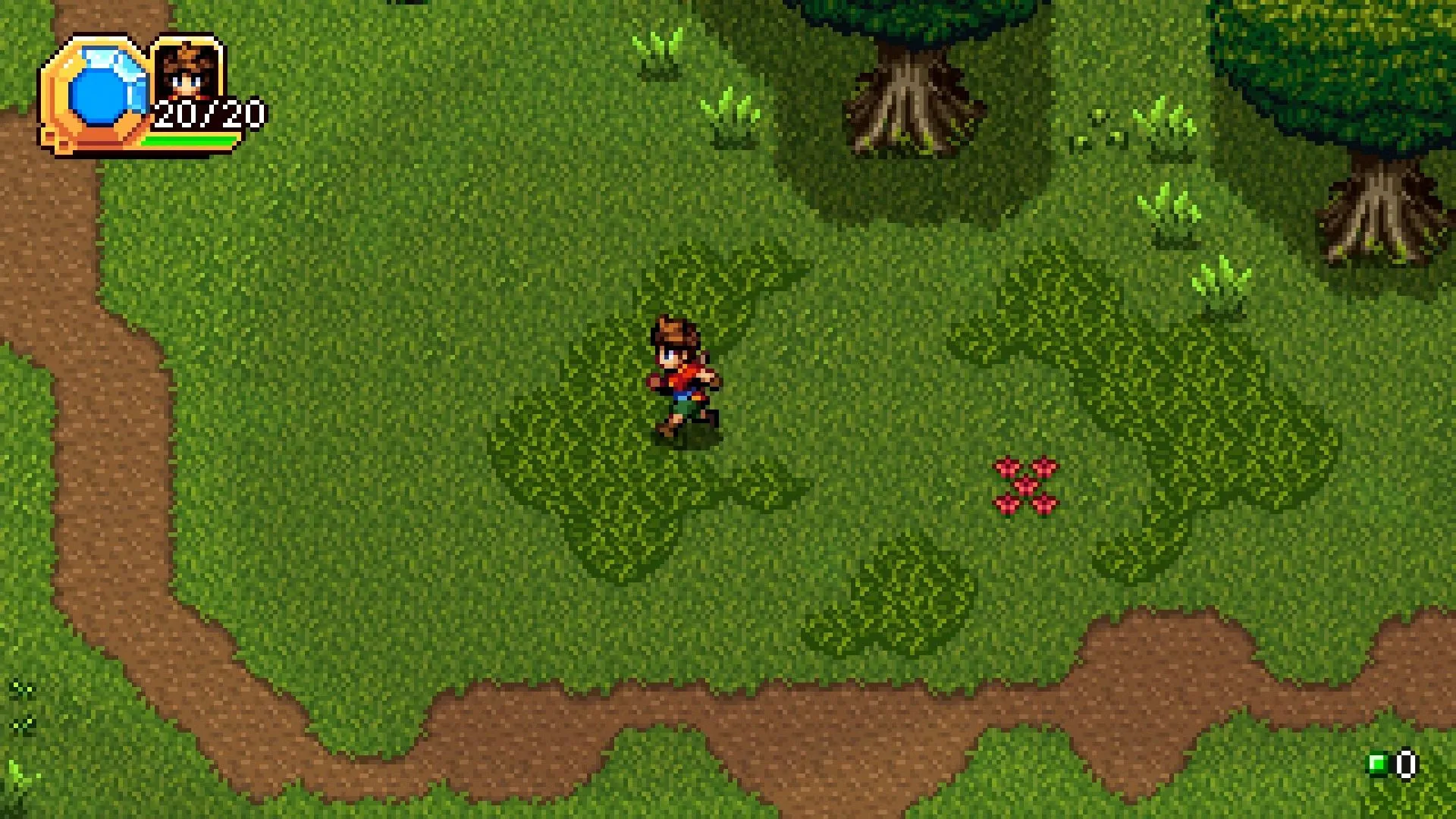 Rio chạy qua làng Yurill, phong cách sprite 16-bit và ánh sáng dịu