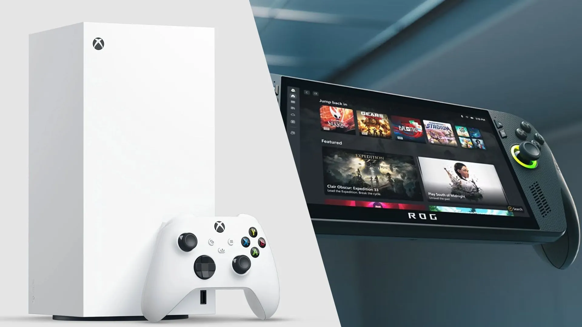ROG Xbox Ally X và Xbox Series X Digital đặt cạnh nhau, minh họa tranh luận về thiết bị console và máy cầm tay liên quan thỏa thuận AMD của Xbox