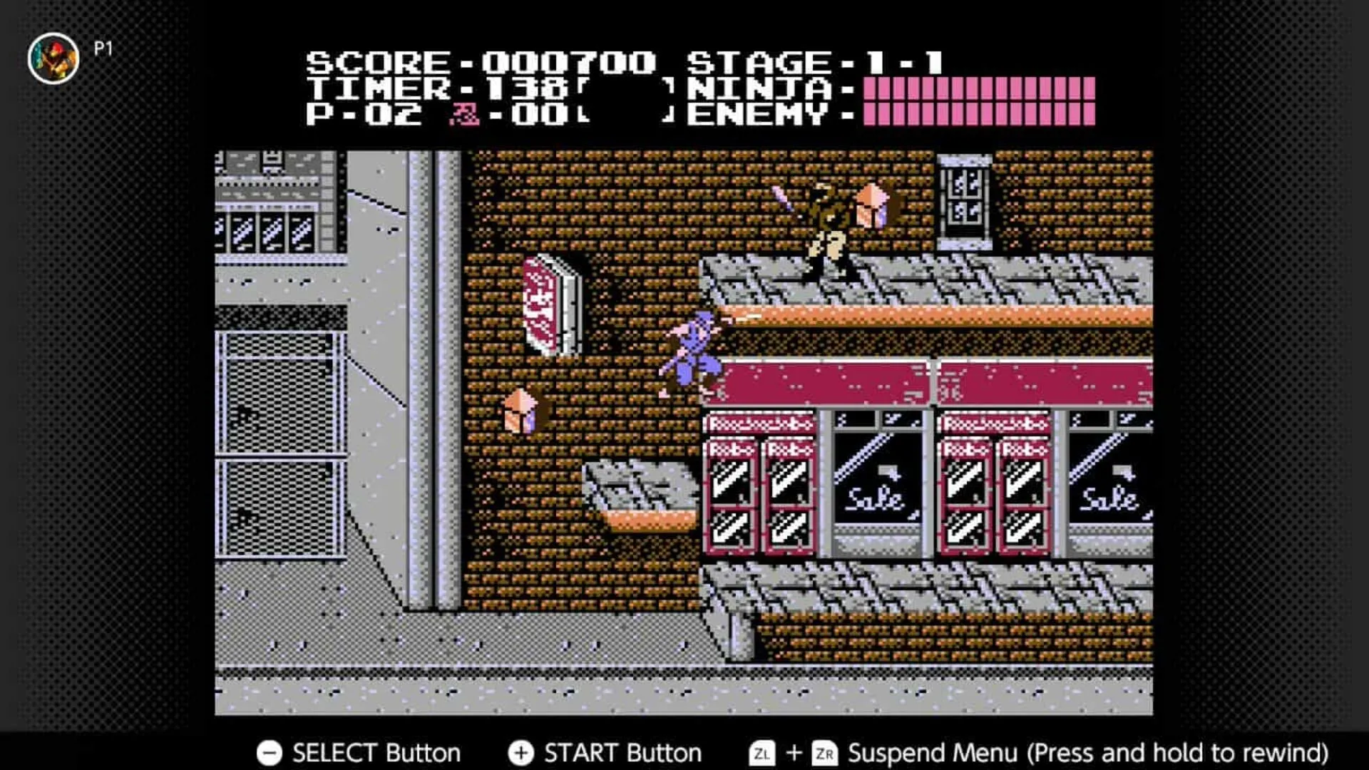 Ryu Hayabusa nhảy né kẻ thù trong Ninja Gaiden bản NES với nền pixel cổ điển