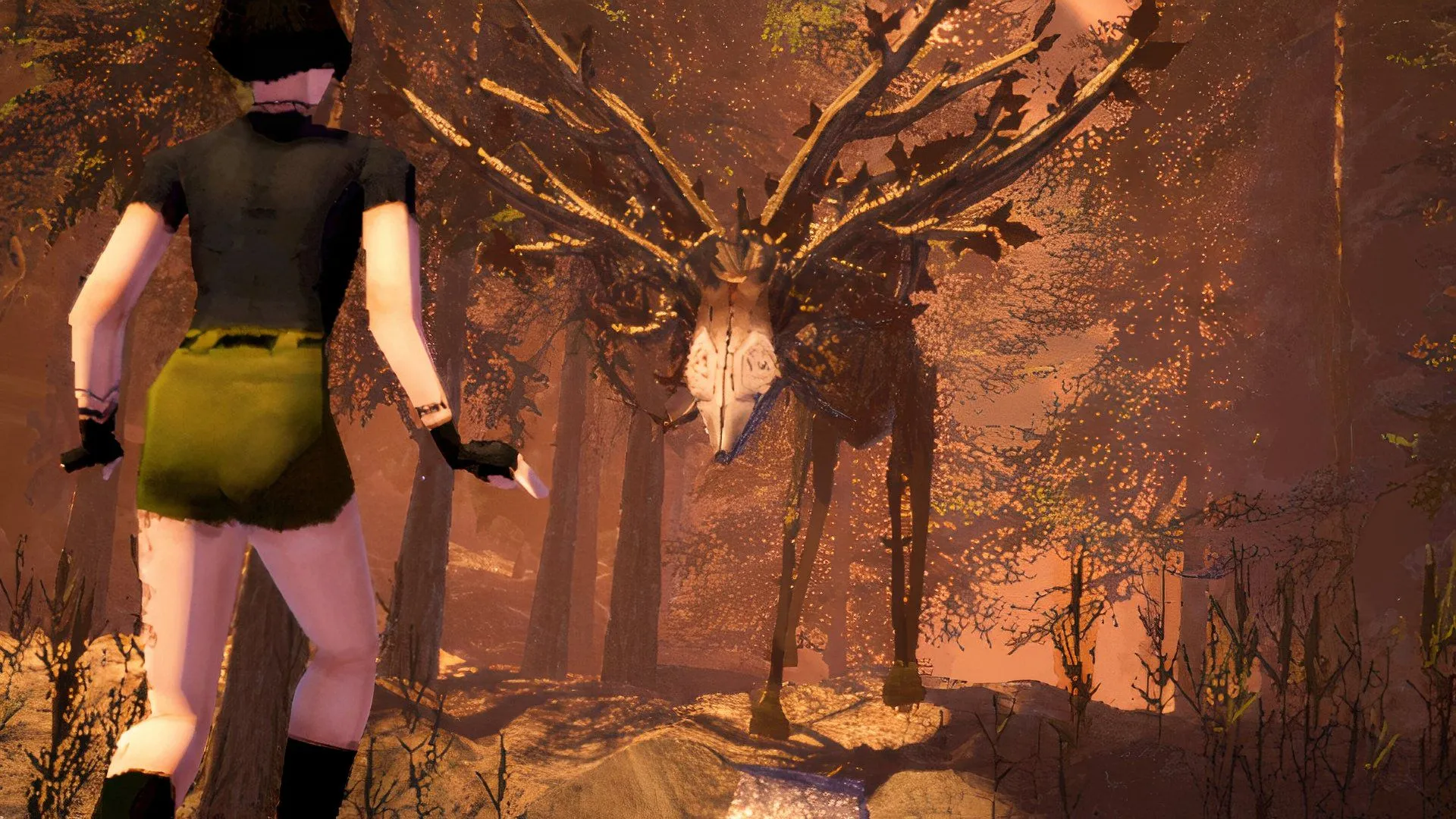 Sam đối mặt con nai-boss trong Heartworm — quái vật biểu tượng của ký ức bị tổn thương