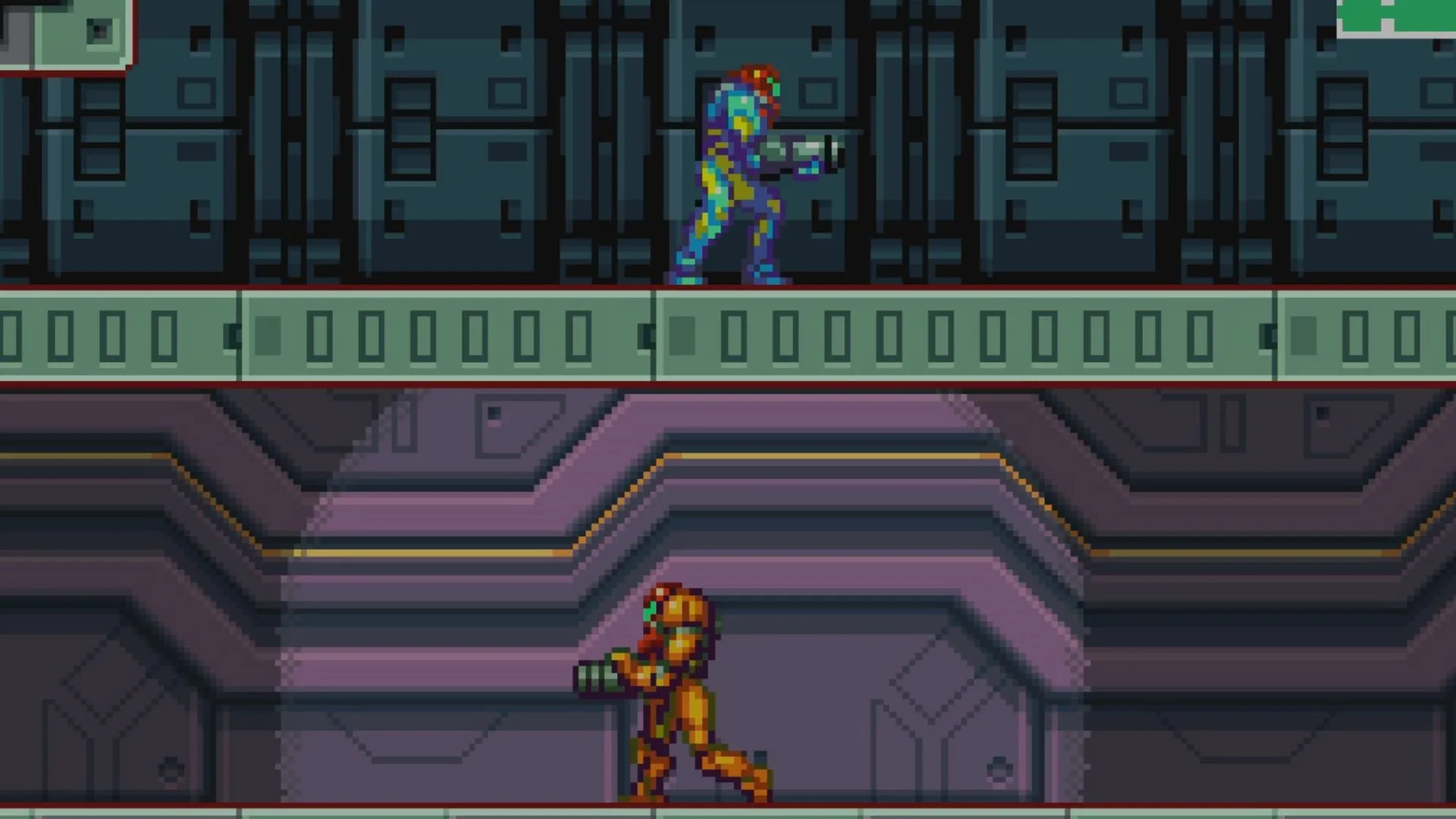 Samus Aran trong Metroid Fusion, cảnh hành động hẹp nhưng căng thẳng, biểu trưng cho Metroidvania handheld