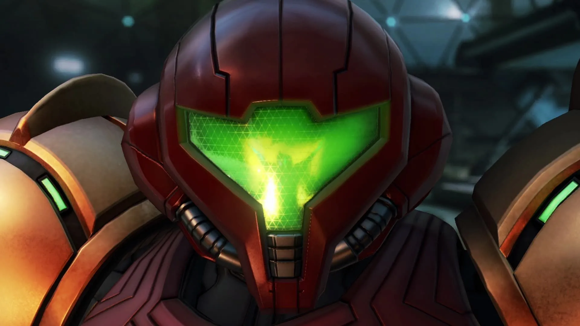 Samus cận cảnh với kính che mặt và xe Vi-O-La trong Metroid Prime 4: Beyond