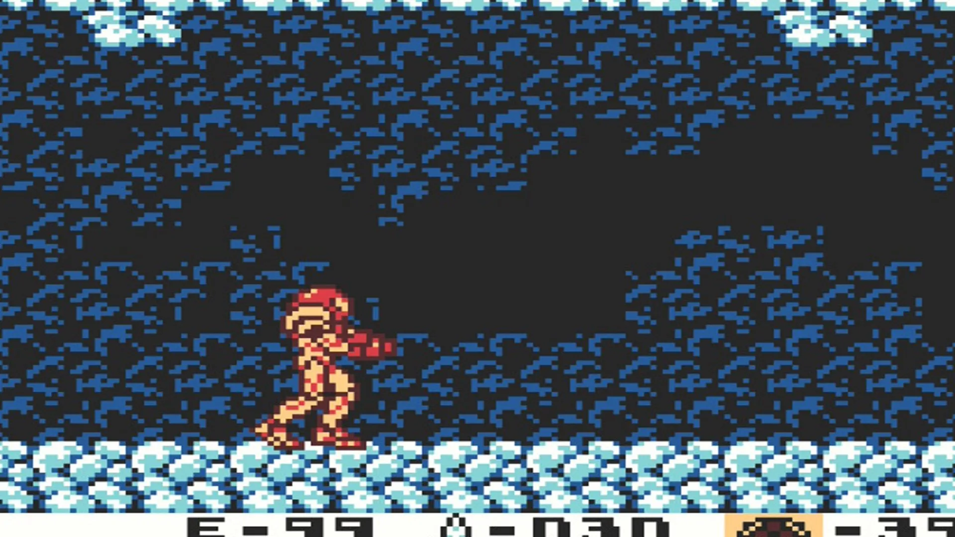 Samus đi qua môi trường tối trong Metroid II