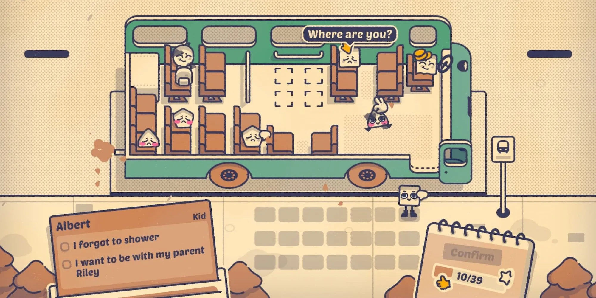 Sắp xếp hành khách trên xe buýt trong Is This Seat Taken?, minh họa xung đột yêu cầu chỗ ngồi giữa các nhân vật