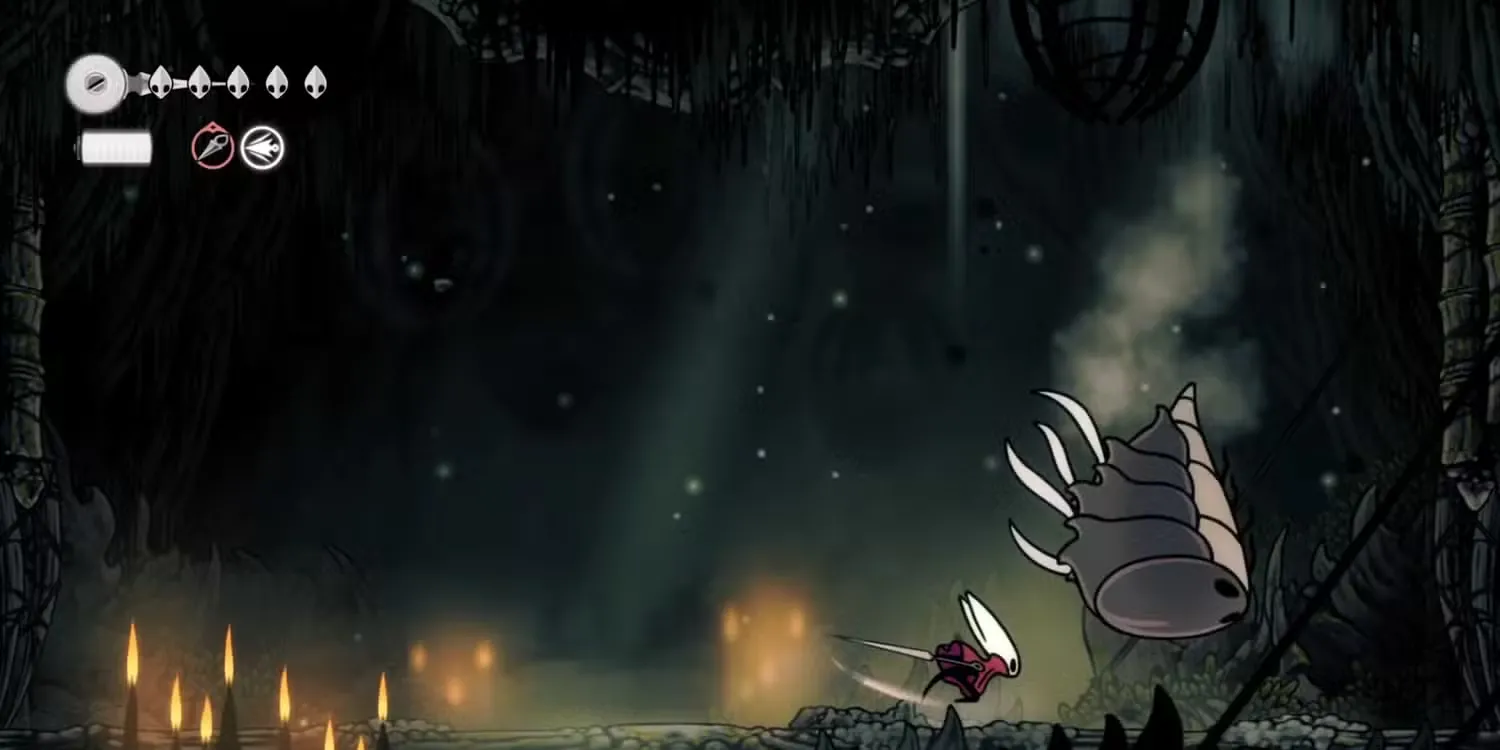 Savage Beastfly tấn công trong đấu trường nhỏ tại Hunter's March, Silksong — hitbox lớn và minion gây rối